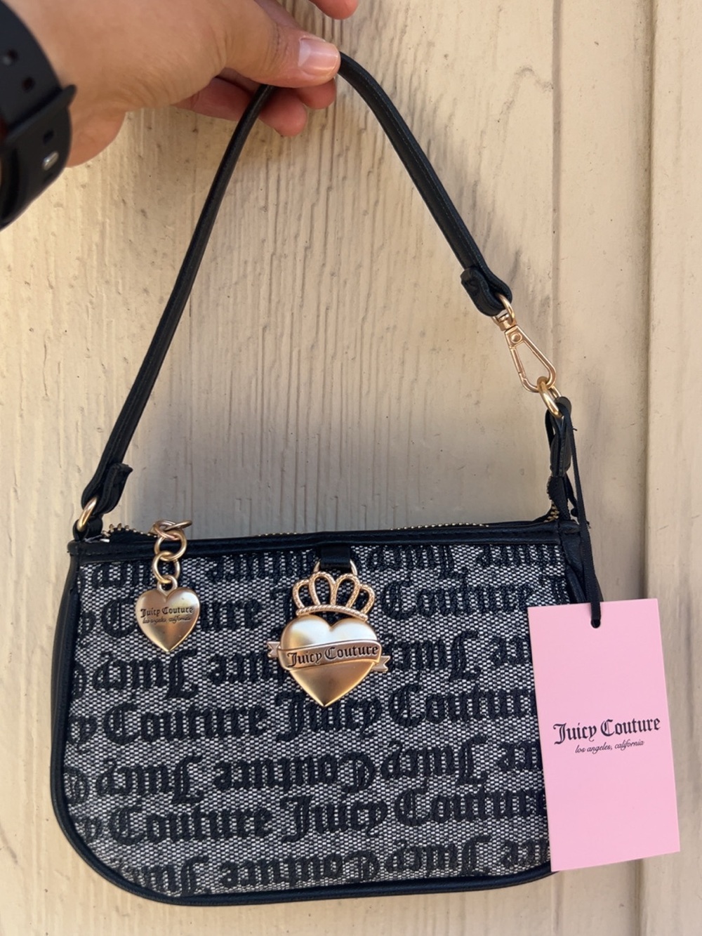Juicy Couture Black and Gold Logo Jacquard Shoulder Bag
